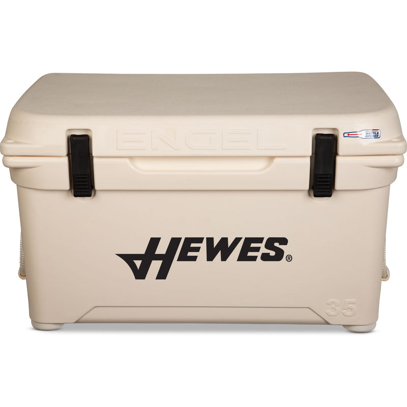 A durable beige Engel 35 High Performance Hard Cooler and Ice Box with the words Engel Coolers on it.