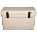 A durable, beige Engel 35 High Performance Hard Cooler and Ice Box with black handles.