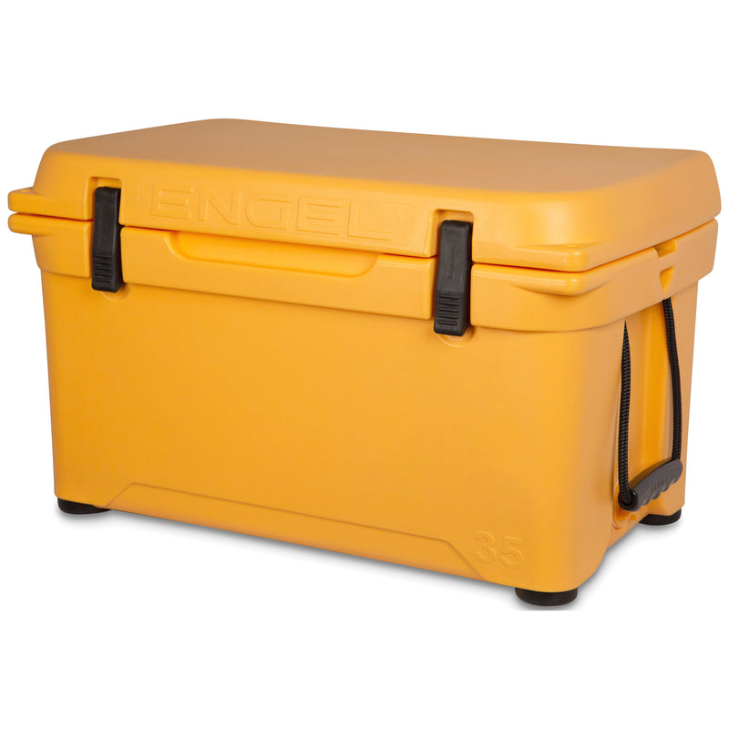 A yellow Engel Coolers 35 High Performance Hard Cooler and Ice Box on a white background.