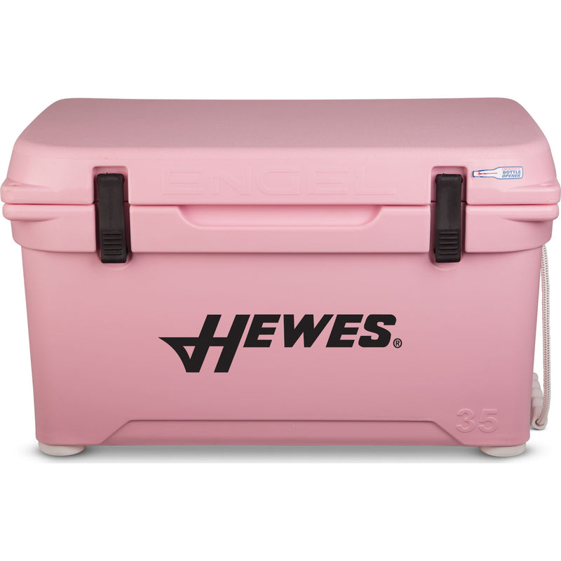 A durable pink Engel 35 High Performance Hard Cooler and Ice Box with the words "Hewes" on it.
