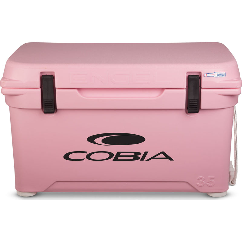 A durable pink Engel Coolers 35 High Performance Hard Cooler and Ice Box with the cobia logo on it.