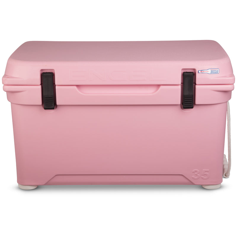 A durable, pink Engel Coolers 35 High Performance Hard Cooler and Ice Box on a white background.