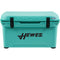 A durable, teal roto-molded Engel 35 High Performance Hard Cooler and Ice Box with the word Hewes on it.