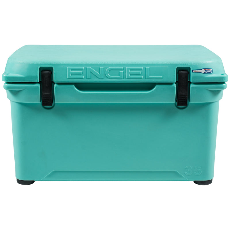 The durable Engel Coolers 35 High Performance Hard Cooler and Ice Box is turquoise with black handles.