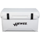 A durable, roto-molded white cooler with the words Engel Coolers on it.