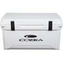 A white, roto-molded cooler with the Engel Coolers logo on it, known for its durability.