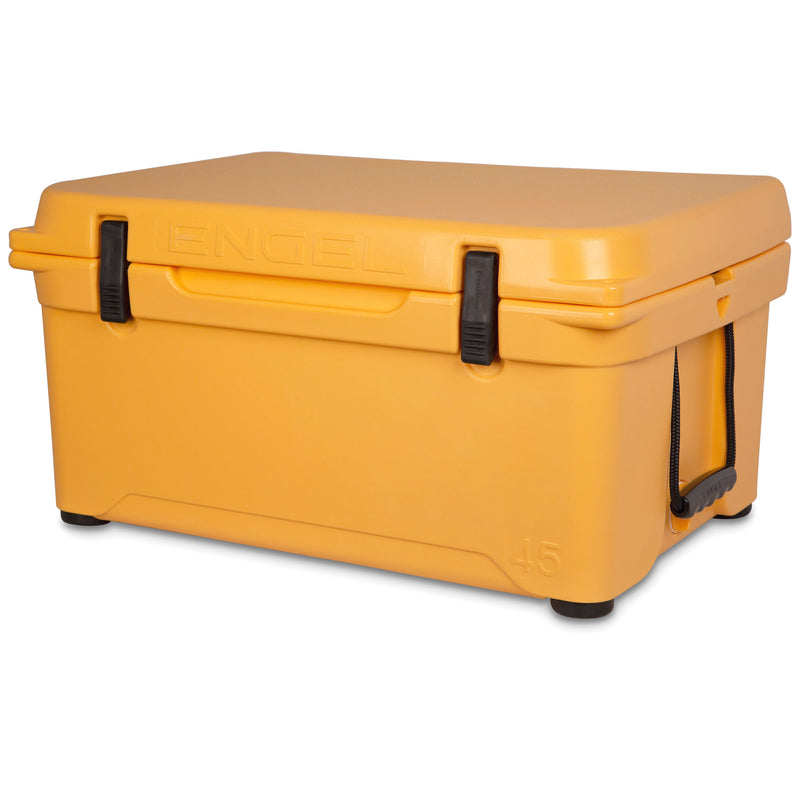 A yellow Engel 45 High Performance Hard Cooler and Ice Box by Engel Coolers on a white background.
