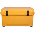 A yellow Engel 45 High Performance Hard Cooler and Ice Box on a white background.