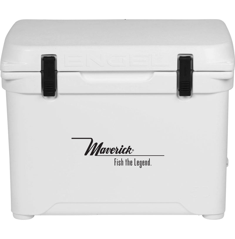 A white, roto-molded Engel Coolers cooler with the word "legend" on it.