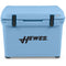 A durable, blue Engel 50 High Performance Hard Cooler and Ice Box with the word "hewes" on it.