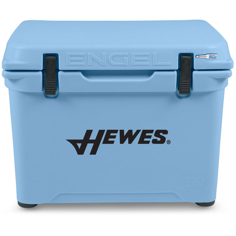 A durable, blue Engel 50 High Performance Hard Cooler and Ice Box with the word "hewes" on it.
