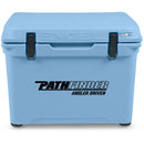 A durable, roto-molded blue cooler with the word Engel Coolers on it.