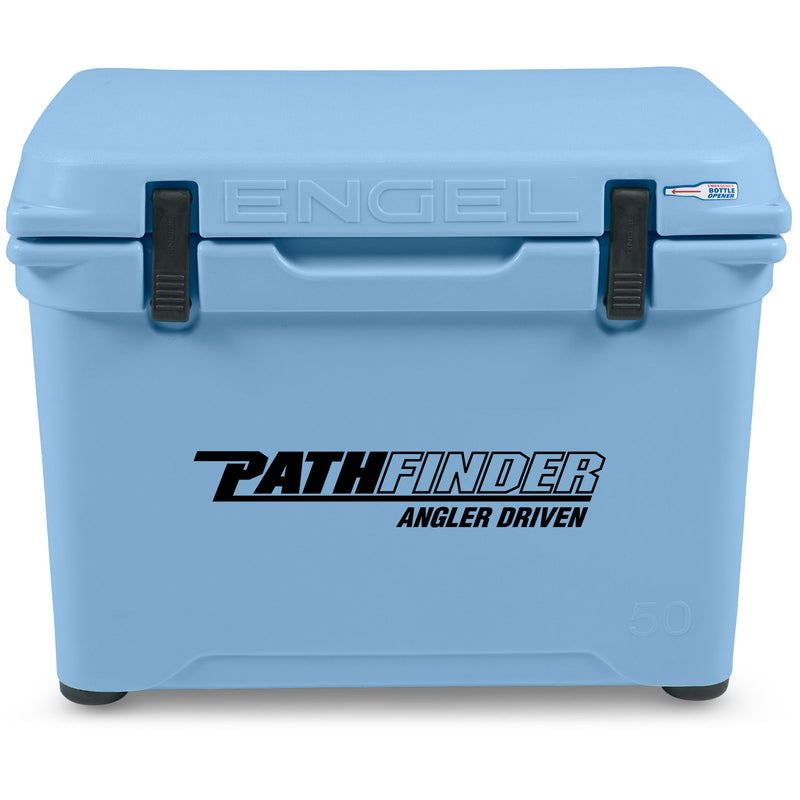A durable, roto-molded blue cooler with the word Engel Coolers on it.