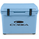 A durable, roto-molded blue Engel cooler with the cobia logo on it.