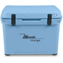 A blue, roto-molded cooler with the Engel 50 High Performance Hard Cooler and Ice Box - MBG on it, known for its durability by Engel Coolers.