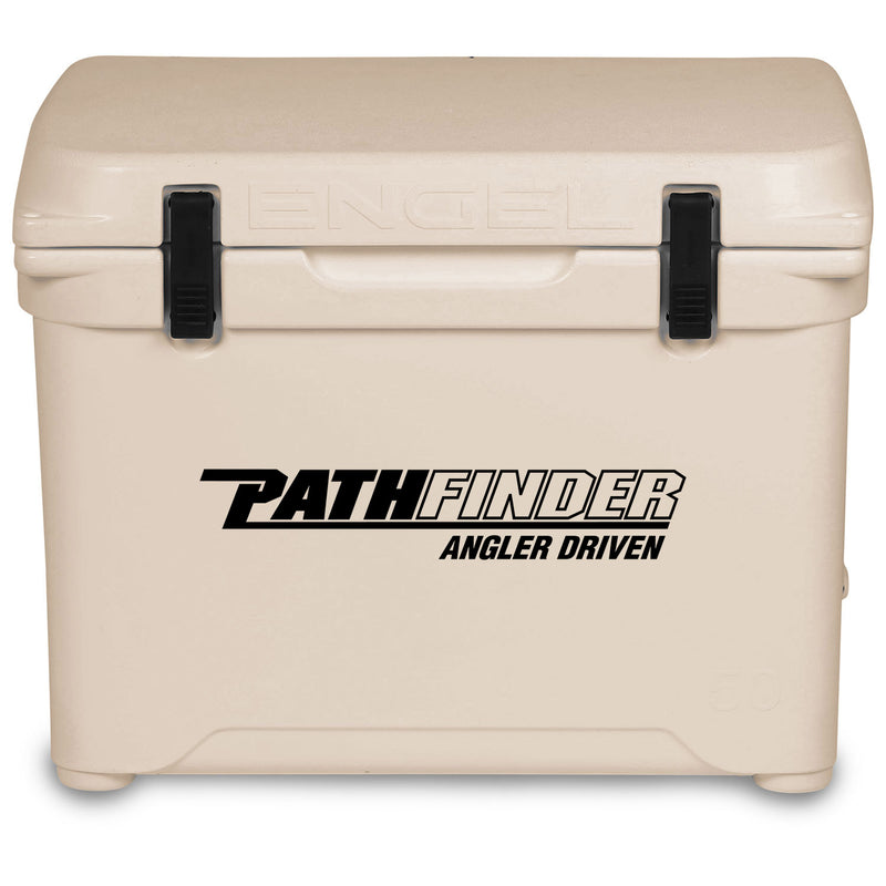 A durable cooler with the words Engel Coolers Pathfinder Angler Driver on it.