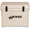 A durable beige Engel Coolers 50 High Performance Hard Cooler and Ice Box with the words "hewes" on it.