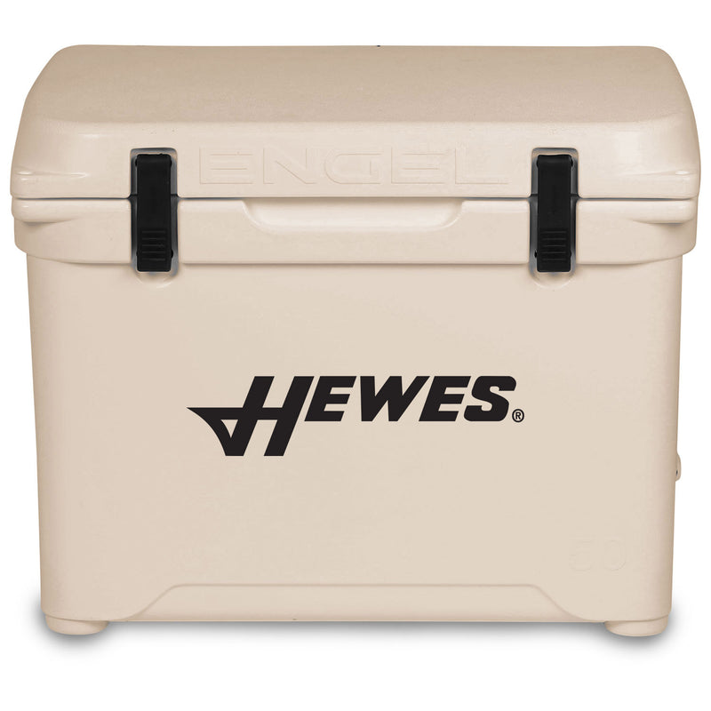 A durable beige Engel Coolers 50 High Performance Hard Cooler and Ice Box with the words "hewes" on it.