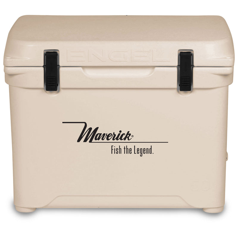 A Engel 50 High Performance Hard Cooler and Ice Box with the words 'maverick the legend' on it.