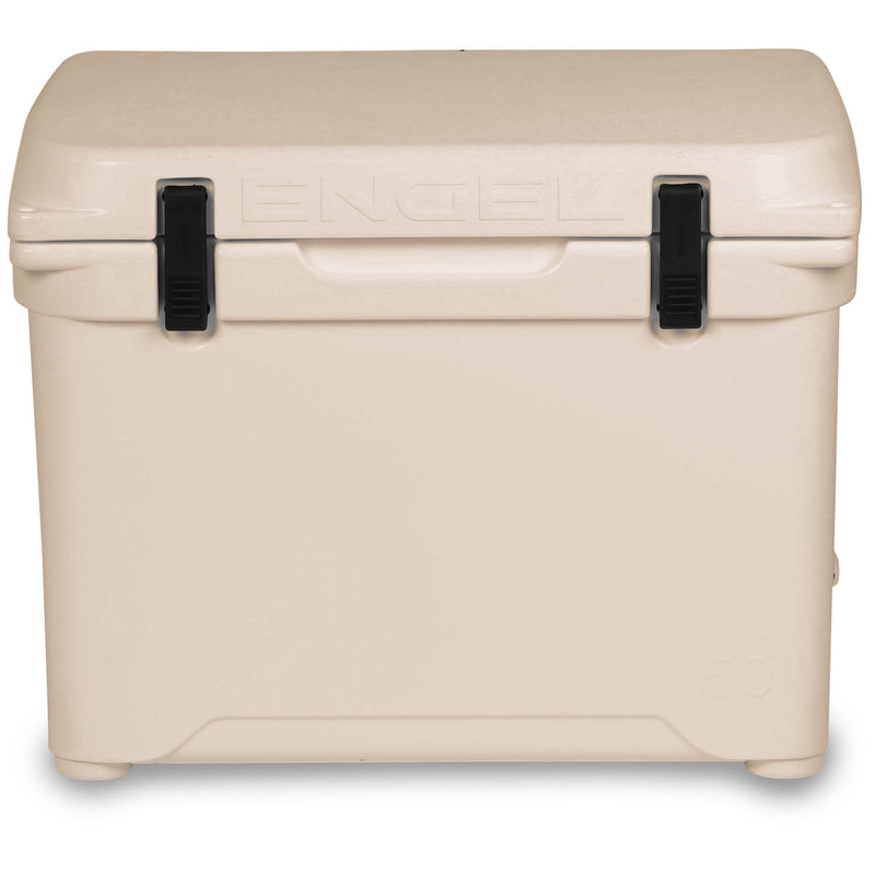 A durable, beige Engel 50 High Performance Hard Cooler and Ice Box from Engel Coolers on a white background.
