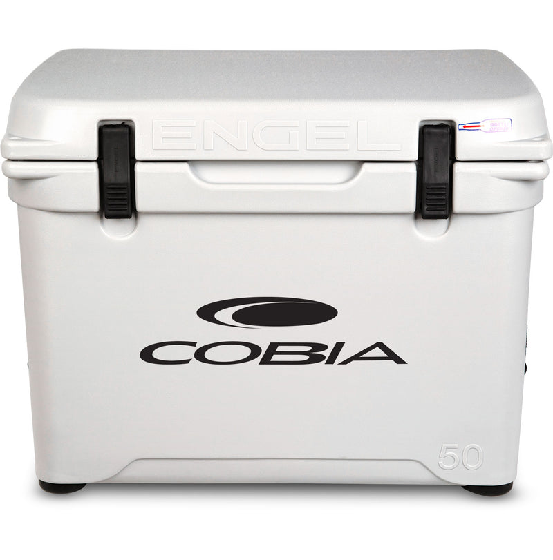 A durable, roto-molded Engel 50 High Performance Hard Cooler and Ice Box - MBG with the cobia logo on it.