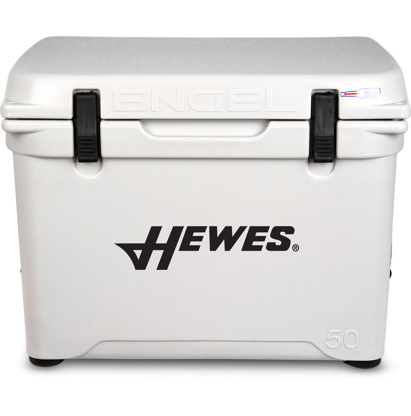 A white Engel Coolers roto-molded cooler with the words hewes on it, known for its durability.