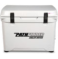 A white Engel Coolers roto-molded cooler with the word pathfinder on it, known for its durability.