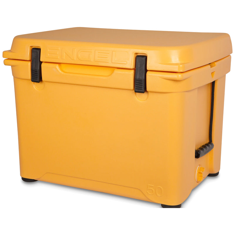 A durable, yellow Engel 50 High Performance Hard Cooler and Ice Box on a white background.