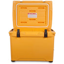 A durable, yellow Engel Coolers 50 High Performance Hard Cooler and Ice Box with a black handle.