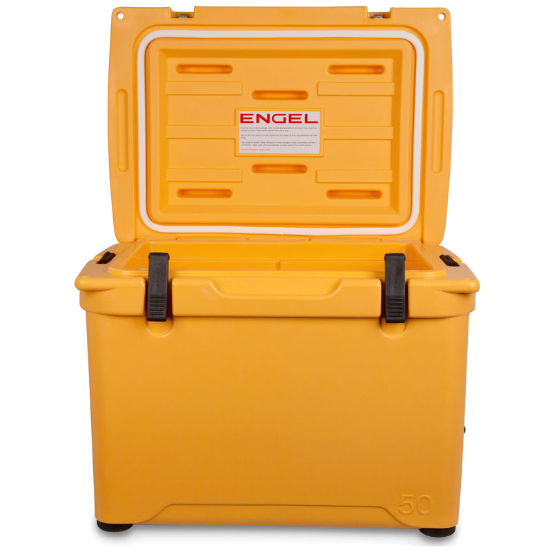 A durable, yellow Engel Coolers 50 High Performance Hard Cooler and Ice Box with a black handle.