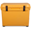 A durable, yellow Engel 50 High Performance Hard Cooler and Ice Box with the words Engel Coolers on it.
