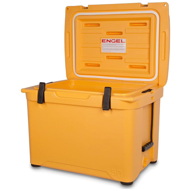 A durable, yellow Engel 50 High Performance Hard Cooler and Ice Box on a white background from Engel Coolers.
