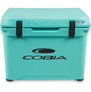 A turquoise, roto-molded Engel 50 High Performance Hard Cooler and Ice Box with the Engel Coolers logo on it, known for its durability.