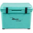 A turquoise, roto-molded Engel 50 High Performance Hard Cooler and Ice Box with the word Engel Coolers on it ensures durability.