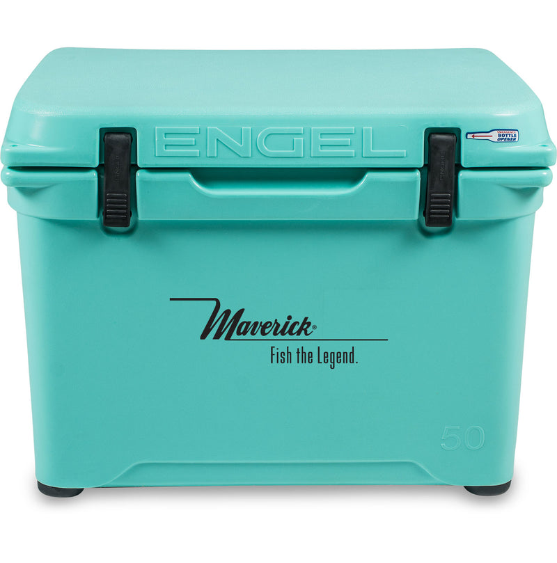 A turquoise, roto-molded Engel 50 High Performance Hard Cooler and Ice Box with the word Engel Coolers on it ensures durability.