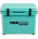 A durable, turquoise Engel Coolers 50 High Performance Hard Cooler and Ice Box with the word pathfinder on it.
