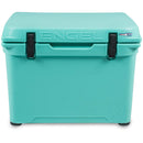 The Engel 50 High Performance Hard Cooler and Ice Box is a durable, turquoise cooler with black handles.