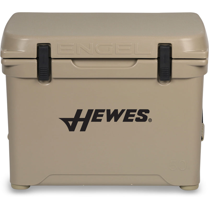 A durable, beige Engel Coolers roto-modeled cooler with the words hewes on it.