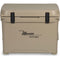 A durable, tan Engel 50 High Performance Hard Cooler and Ice Box - MBG with the word Engel Coolers on it.