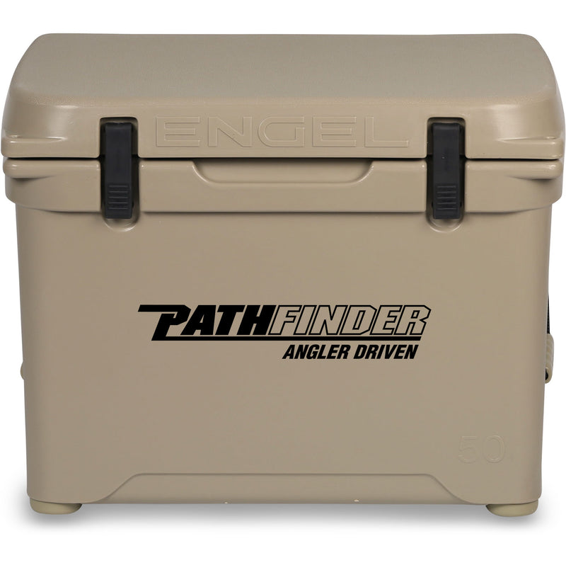 A durable, tan Engel 50 High Performance Hard Cooler and Ice Box - MBG with the word path ender on it.