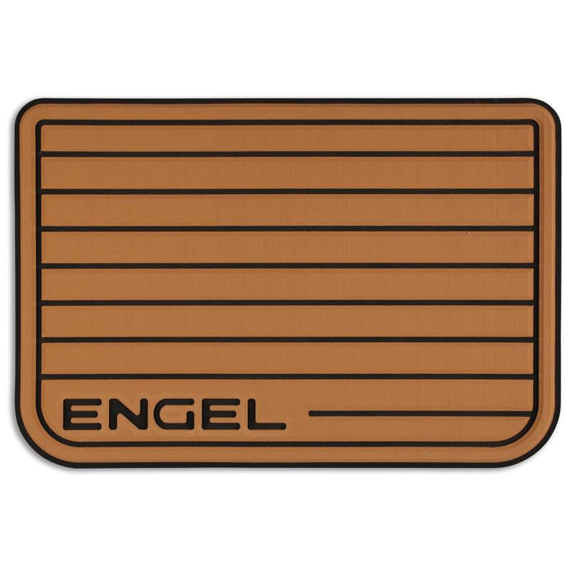 A brown SeaDek® Tan Teak Pattern Non-Slip Marine Cooler Topper with the word Engel on it, designed for marine environments.