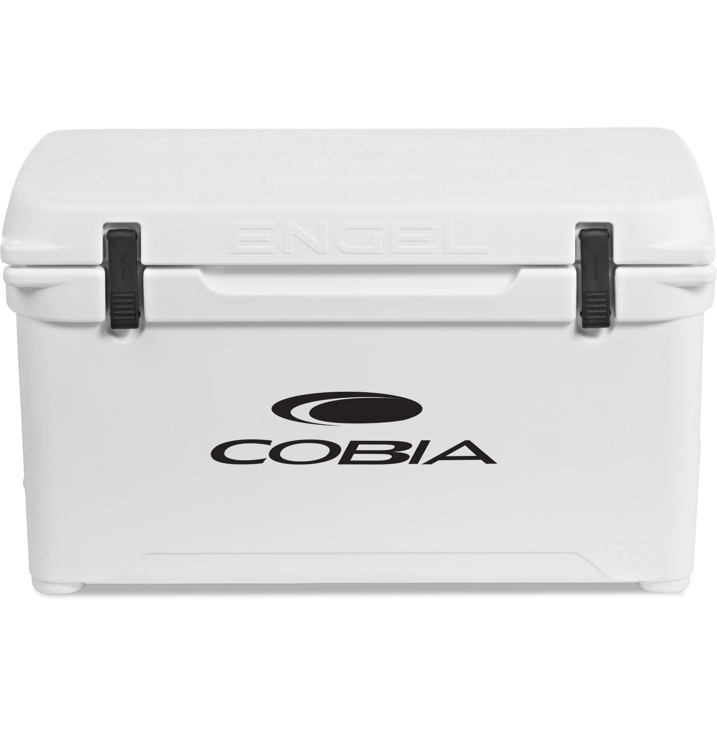 A white Engel 65 High Performance Hard Cooler and Ice Box with the MBG logo on it, known for its durability.