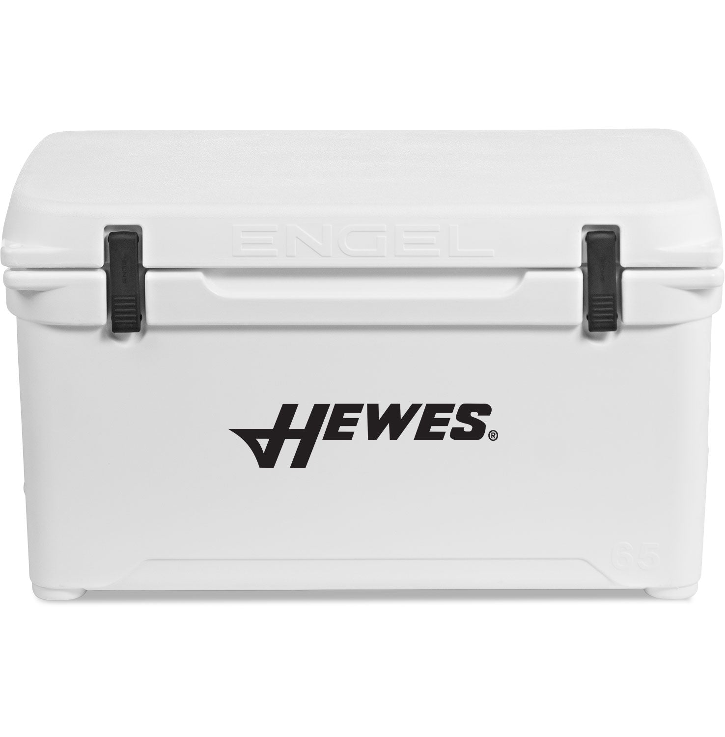 A white roto-molded cooler with the words "Engel Coolers" on it.