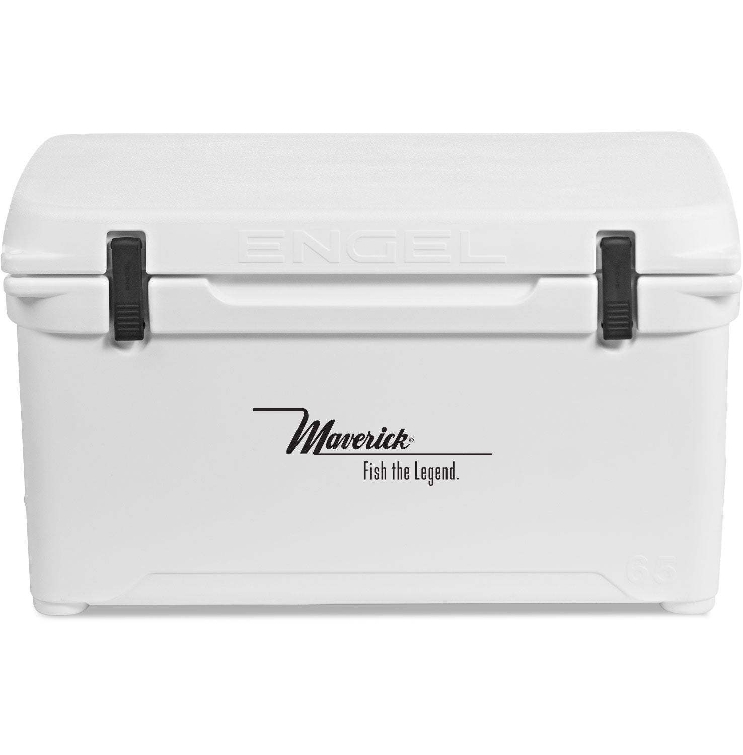 A white Engel 65 High Performance Hard Cooler and Ice Box with the word Merkel on it.