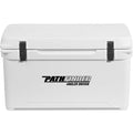 A white Engel 65 High Performance Hard Cooler and Ice Box with a black logo on it.