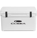 A white Engel 65 High Performance Hard Cooler and Ice Box with the MBG logo on it, known for its durability.