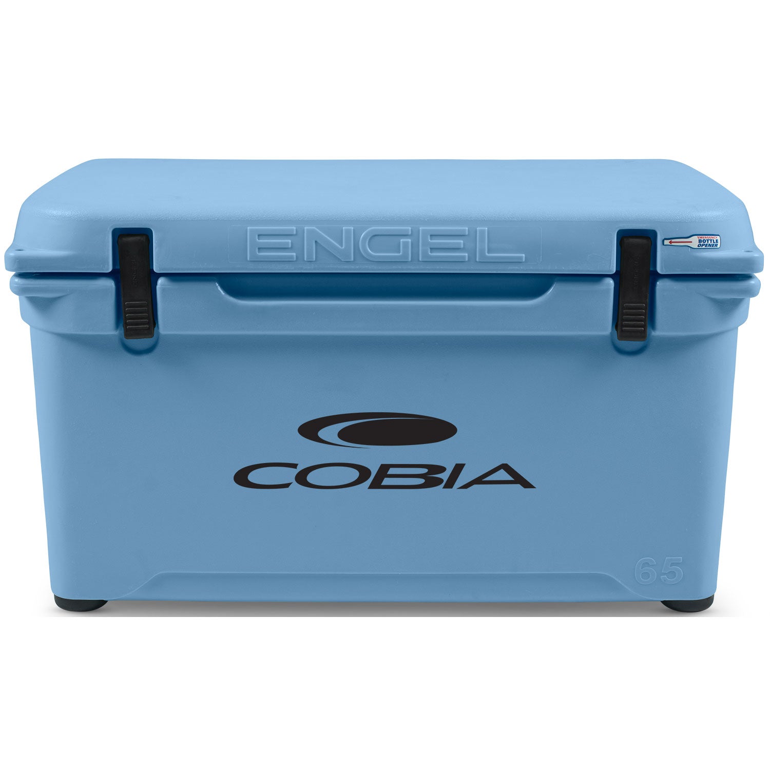 A blue Engel Coolers roto-molded cooler with the cobia logo on it.