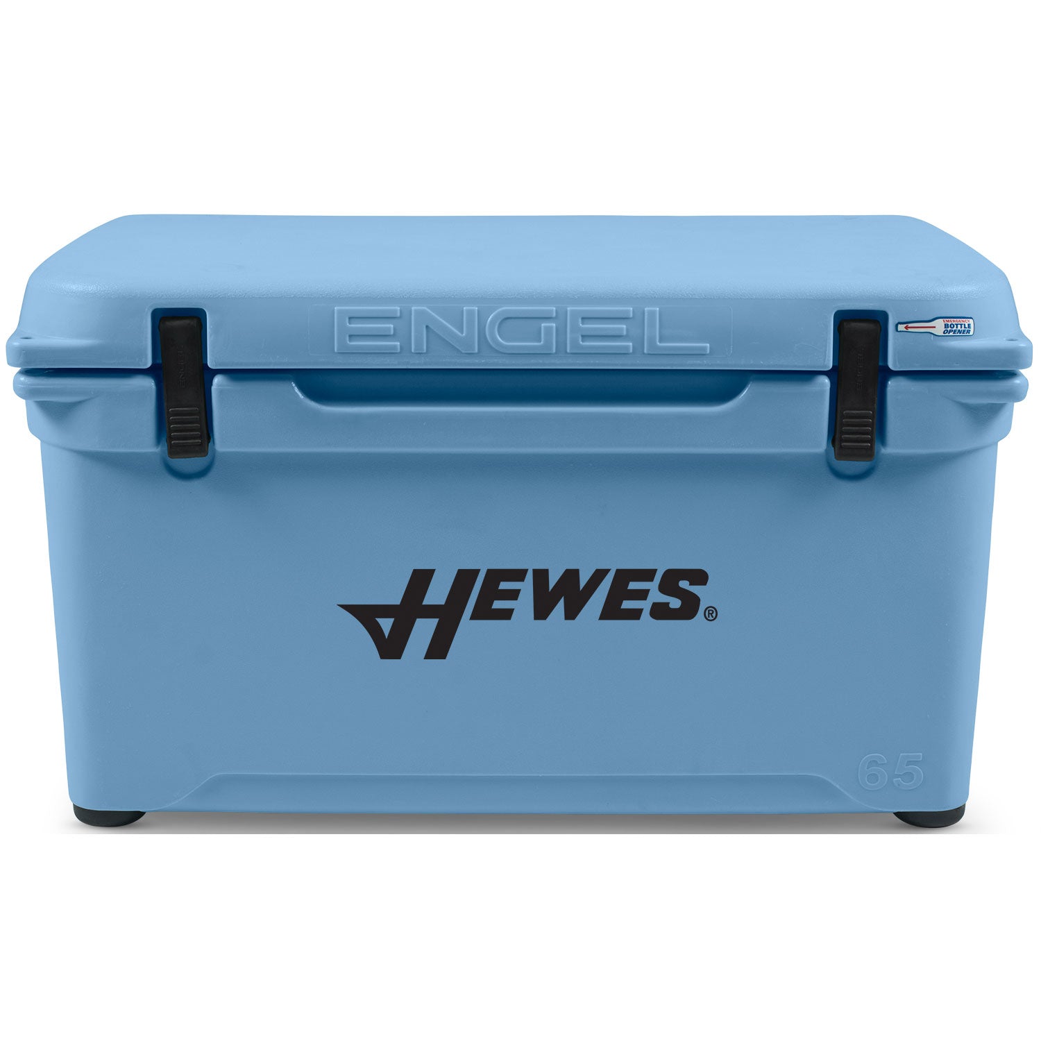 A blue roto-molded cooler with the words Engel Coolers on it.