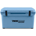 A blue Engel 65 High Performance Hard Cooler and Ice Box with the word Engel Coolers on it, known for superior ice retention.
