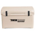 A durable, tan roto-molded cooler with the word "Engel 65 High Performance Hard Cooler and Ice Box - MBG" on it.
